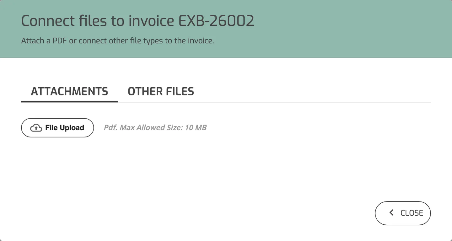 The Connect files to invoice window with the Attachments and Other files tabs, a File Upload button and the PDF size limit.
