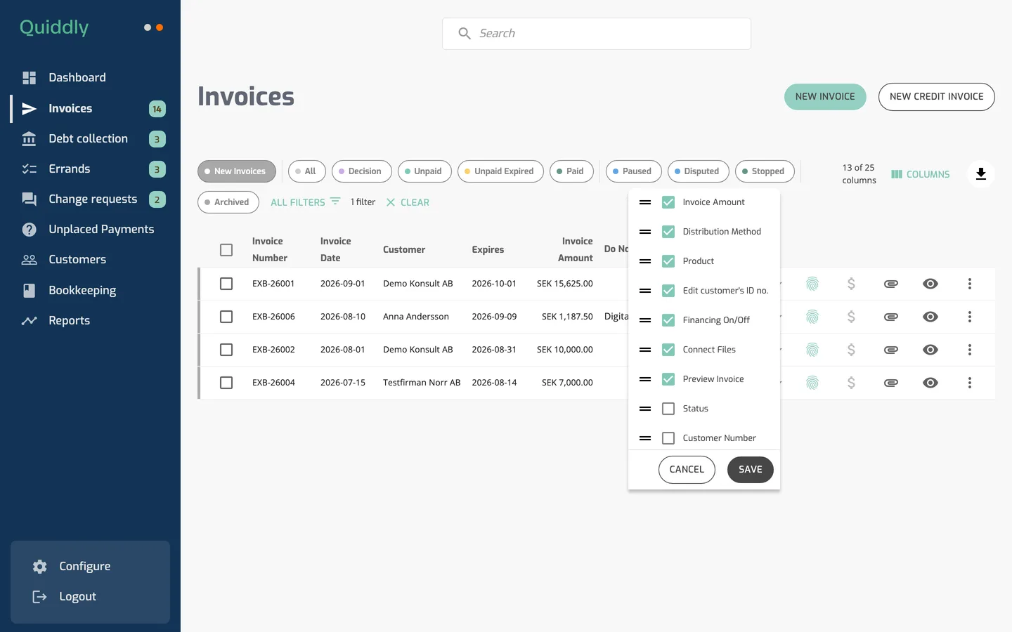 The Client Portal Invoices list on New Invoices with the Financing On/Off column and the Columns menu open with Financing On/Off ticked.