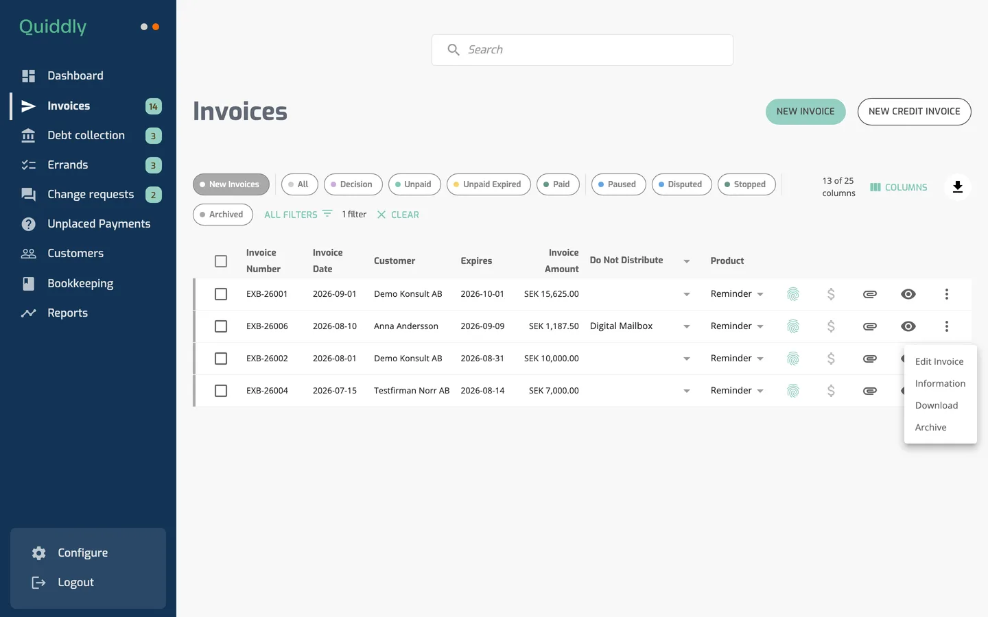 The Client Portal Invoices list on New Invoices with the row actions menu open showing Edit Invoice, Information, Download and Archive.
