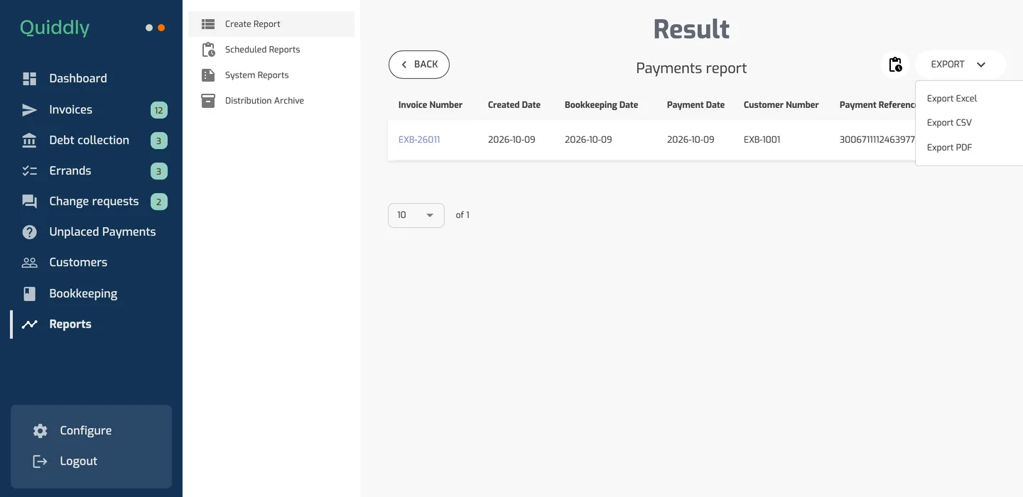 The Client Portal Reports result page for the Payments report with the Export menu open (Excel, CSV, PDF) and the calendar icon for scheduling.