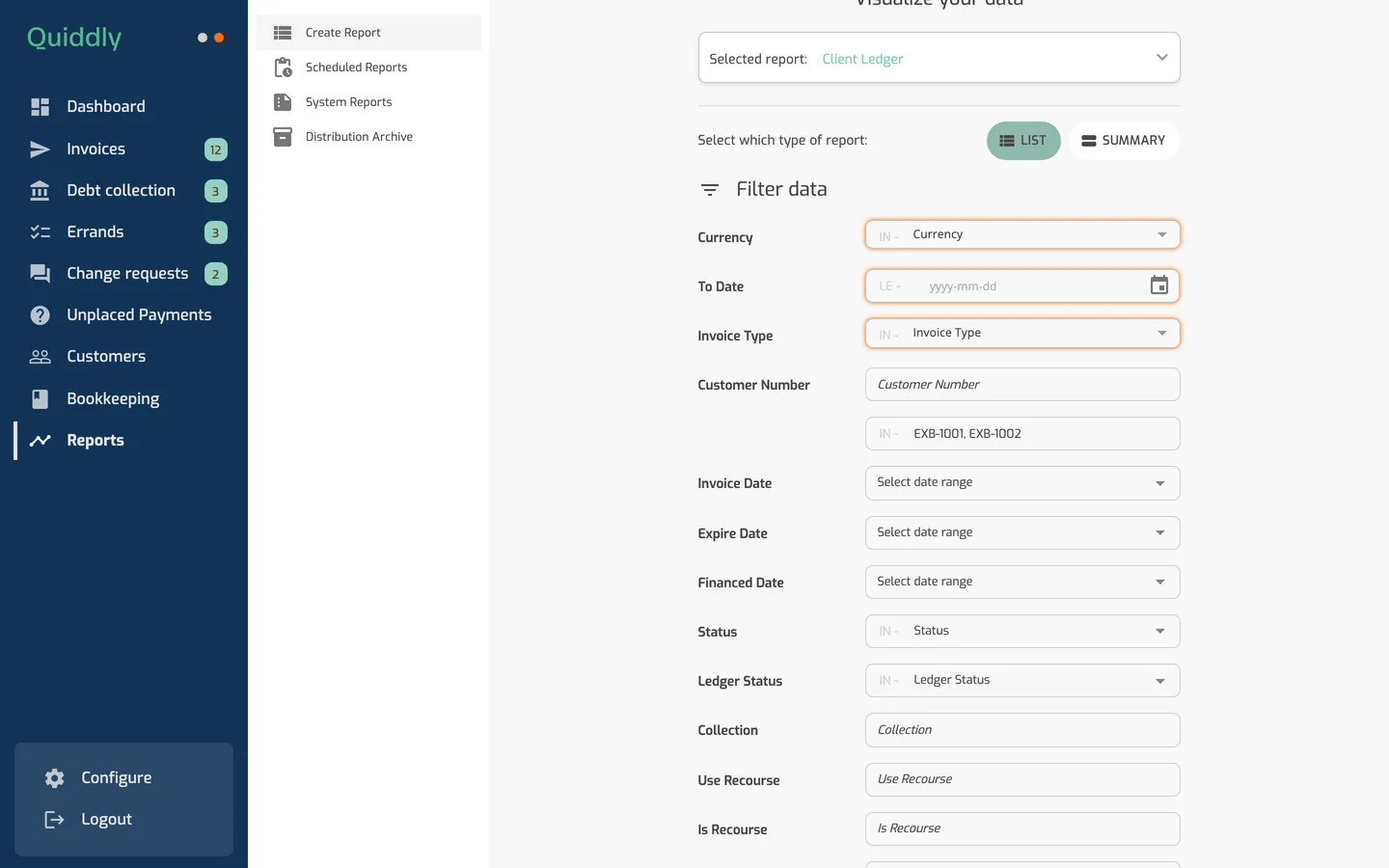 The Client Portal Reports filter for Client Ledger with a customer number box that shows the comma-separated hint and two customer numbers typed in.