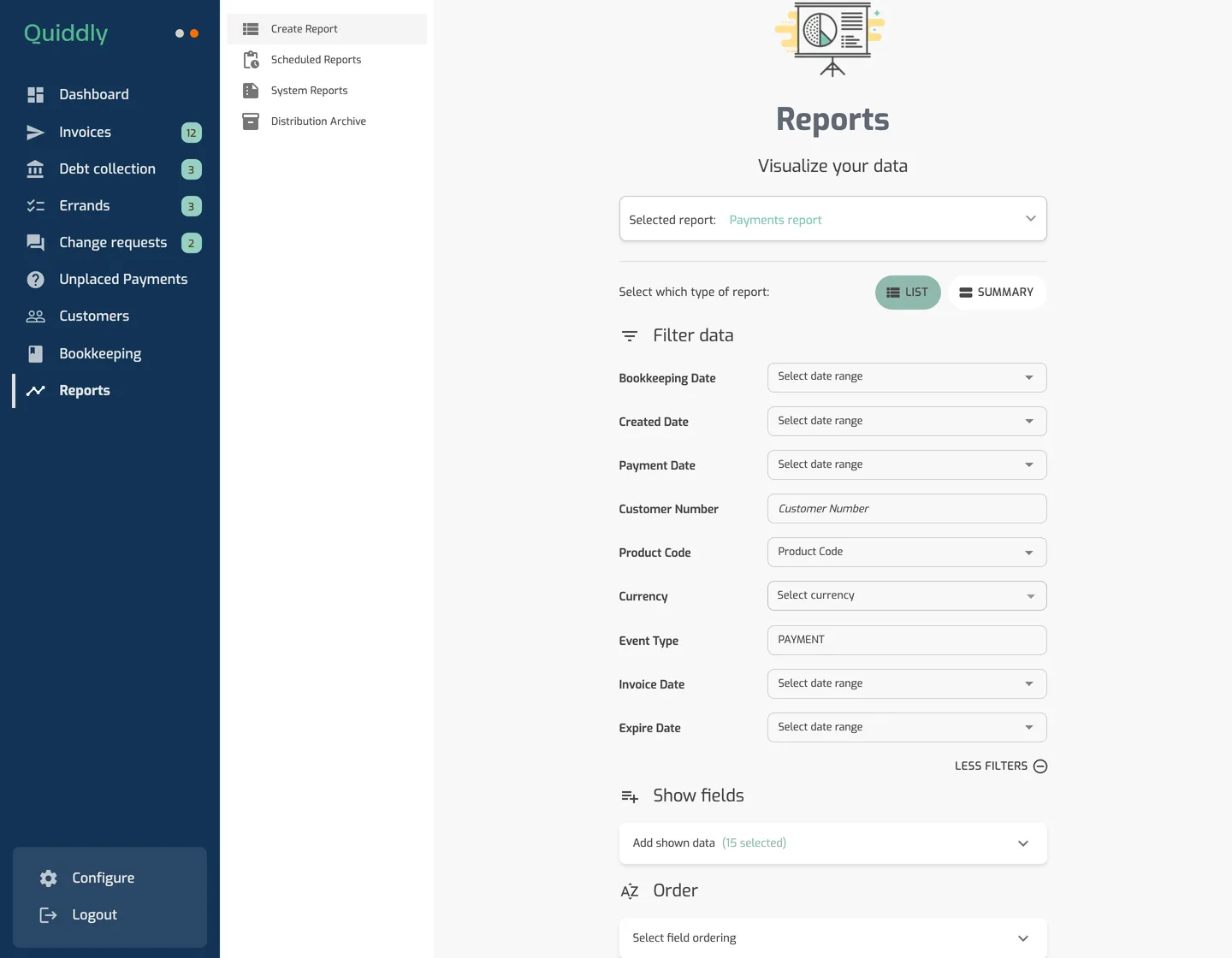 The Client Portal Payments report builder with the Event Type filter set to PAYMENT, the Show fields section and the Order section.