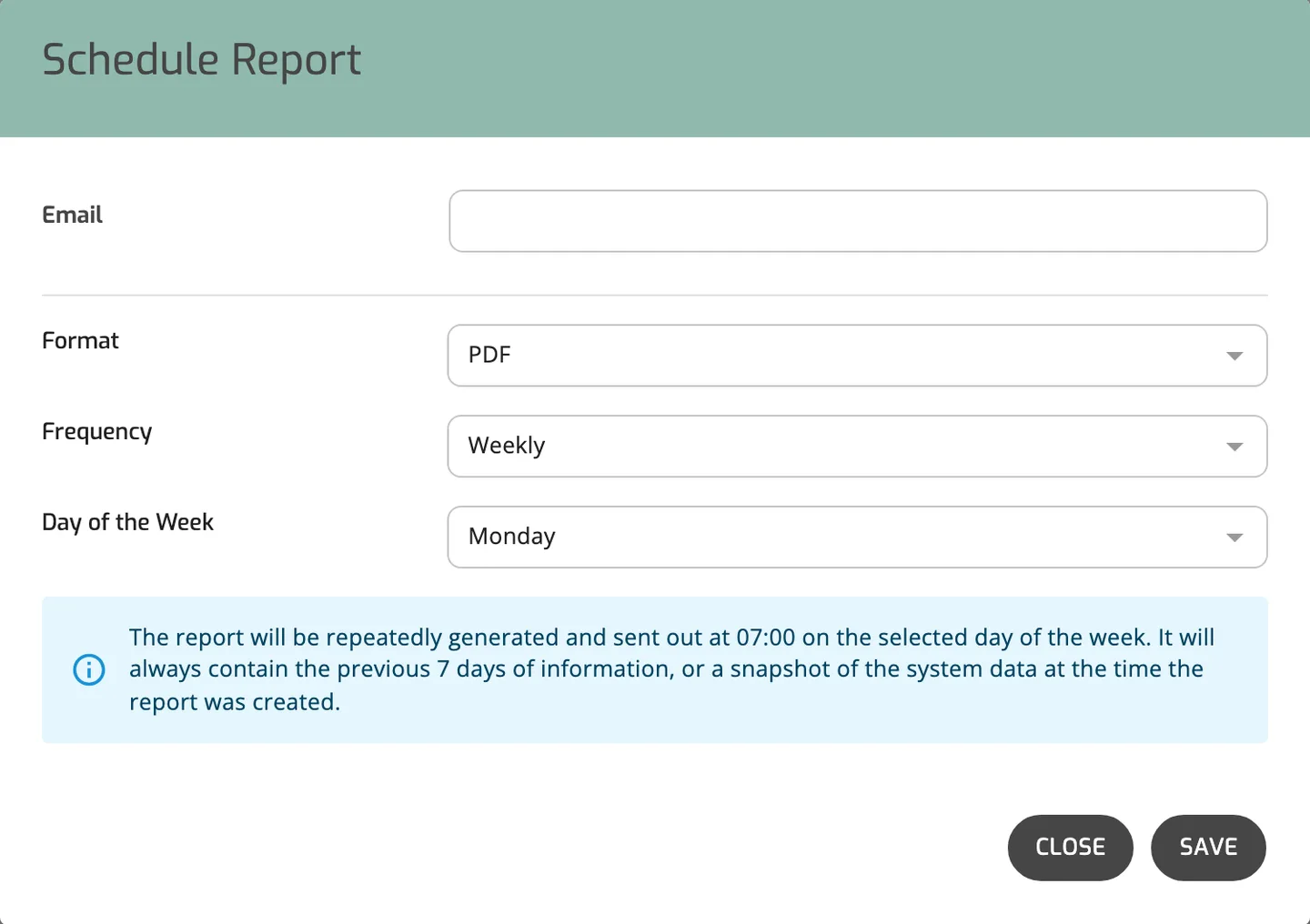 The Schedule Report window of the Client Portal with Email, Format, Frequency set to Weekly and the Day of the Week field.