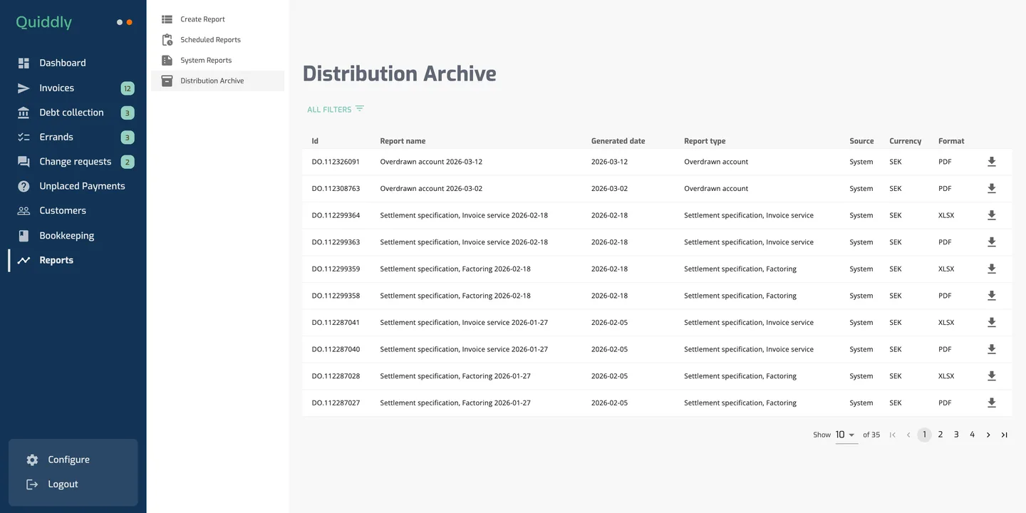 The Client Portal Distribution Archive page with the All Filters link, the list of archived reports and a download icon on each row.
