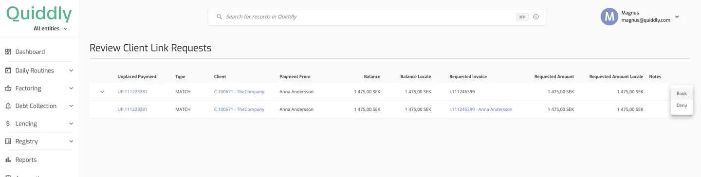 The Operations Portal Review Client Link Requests list with an expanded MATCH request row and the row menu showing Book and Deny.