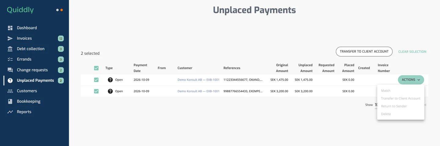 The Client Portal Unplaced Payments list with two rows ticked, the Transfer to Client Account and Clear selection buttons above the table and the row Actions menu open.