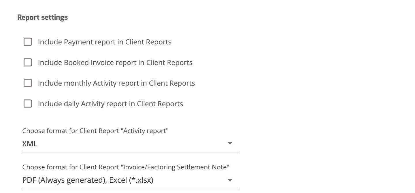 Operations Portal client Reports tab, Report settings section with four Include checkboxes and two report format pickers.