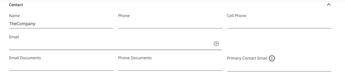 Operations Portal client page, Contact section with the Email field and its plus button.