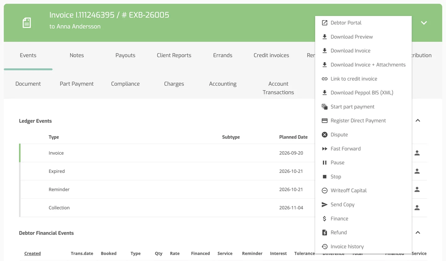 The Operations Portal invoice view with the three-dot actions menu open, showing Debtor Portal, Download Preview, Download Invoice and the other invoice actions.