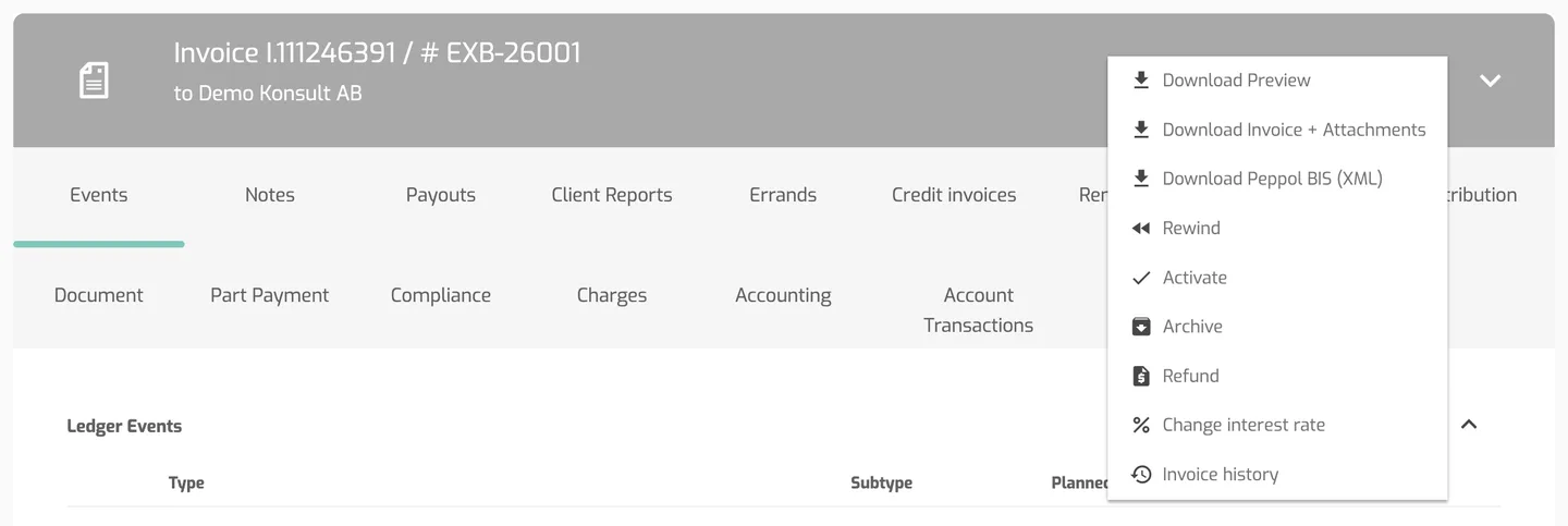 The Operations Portal invoice view for a not yet activated invoice with the three-dot menu open, showing Change interest rate among the actions.