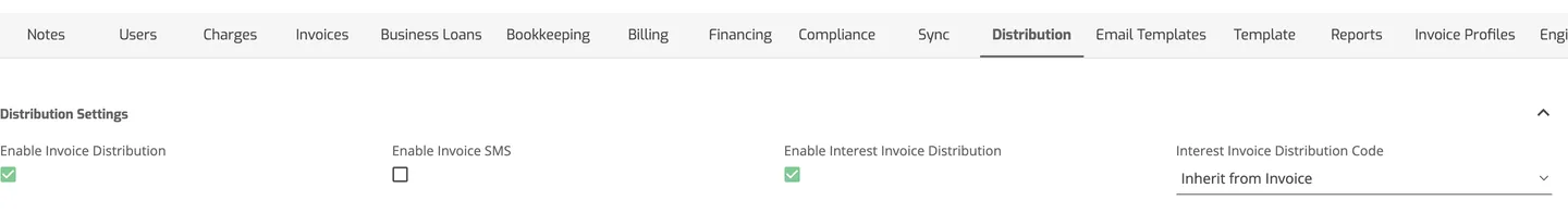 The Operations Portal client page with the Distribution tab selected, showing the Invoice Profiles tab in the tab row and the Distribution Settings with Enable Invoice Distribution ticked.