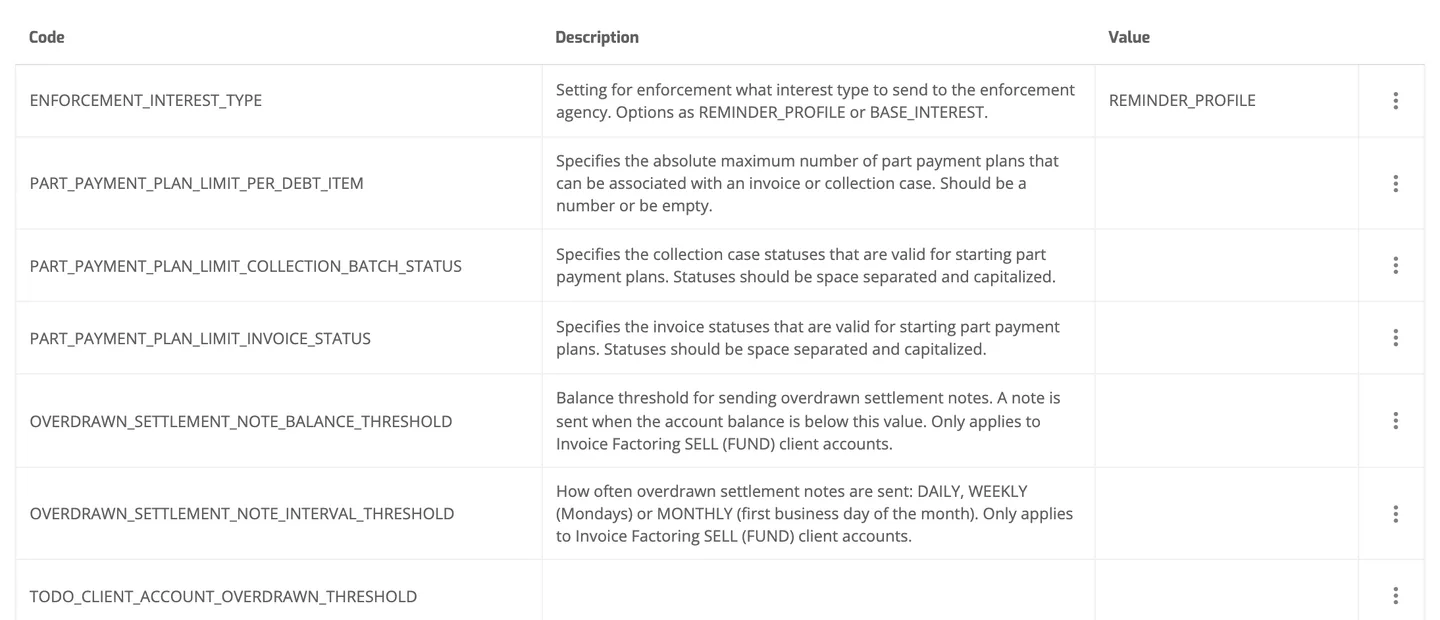 Operations Portal client Other settings tab, Advanced client settings table listing the overdrawn settlement note and client account overdrawn threshold settings.
