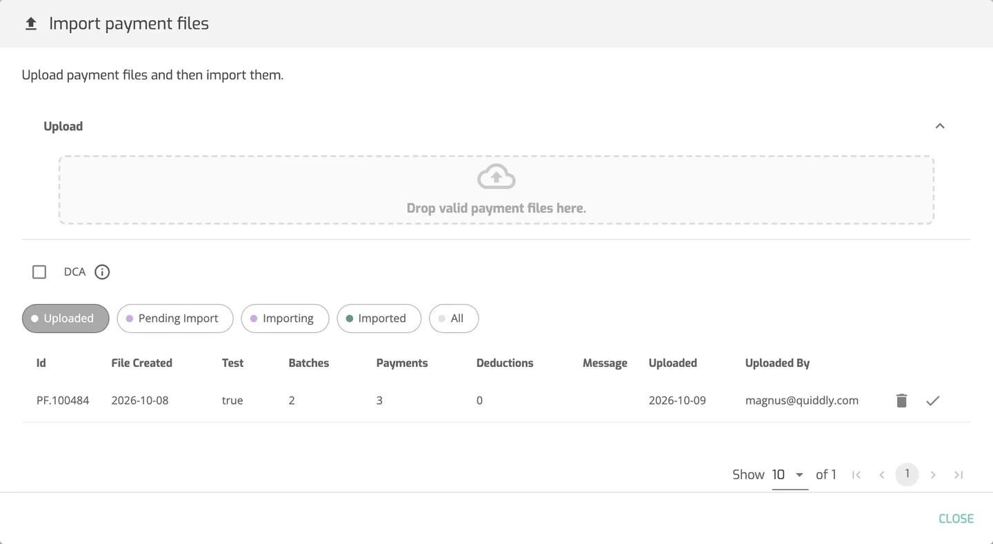 The Import payment files dialog with one uploaded camt.054 file listed under Uploaded, showing 2 batches, 3 payments and 0 deductions, with the Delete and Import icons on the row.