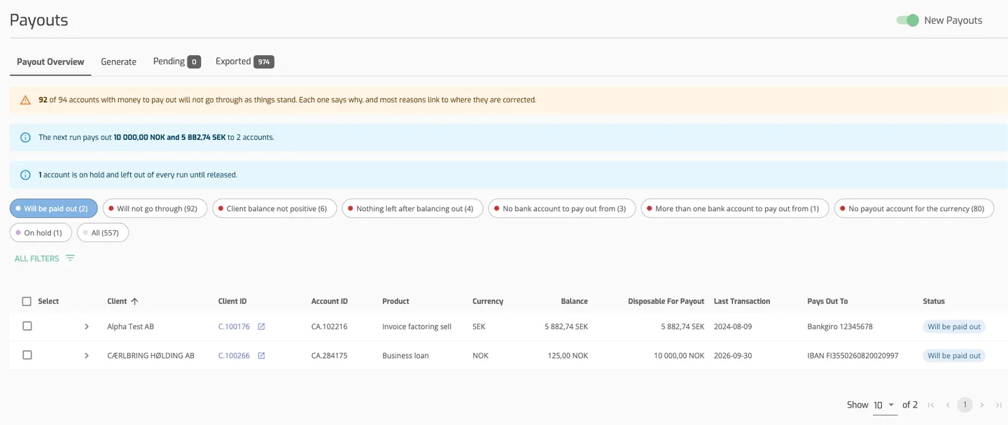 The Payout Overview tab with its notices, the status chips and the accounts that will be paid out