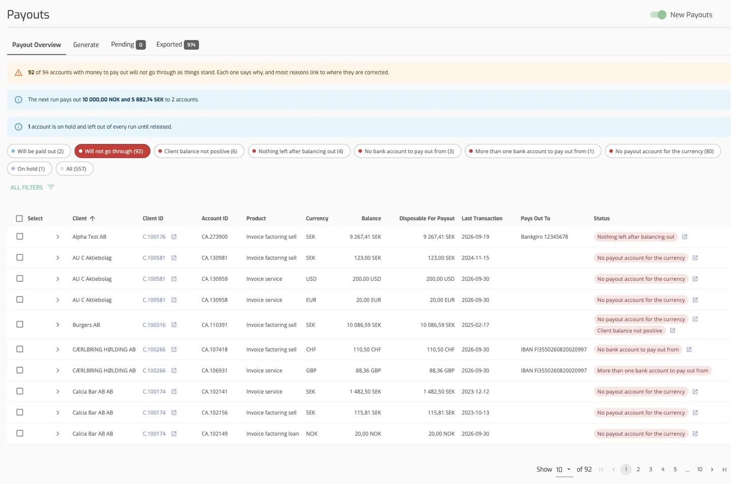 The Will not go through chip selected, each row showing its reasons in Status