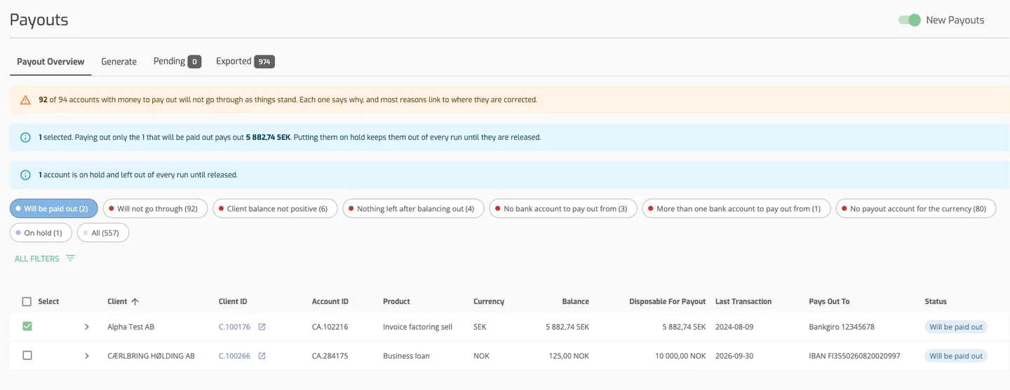 One account selected, with the notice saying what paying out only it would pay