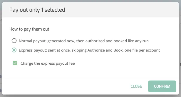 The Pay out only dialog with Express payout chosen