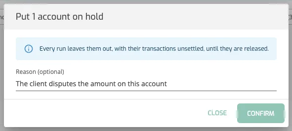 The Put on hold dialog with a reason filled in