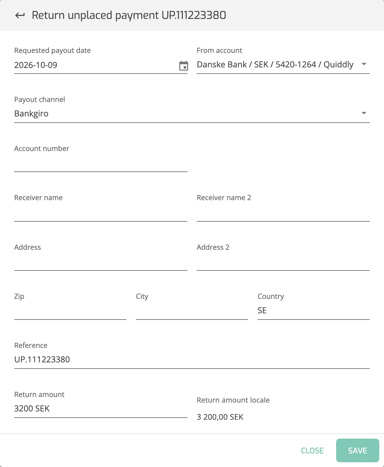 The Return unplaced payment dialog showing the Address, Address 2, Zip, City and Country fields.