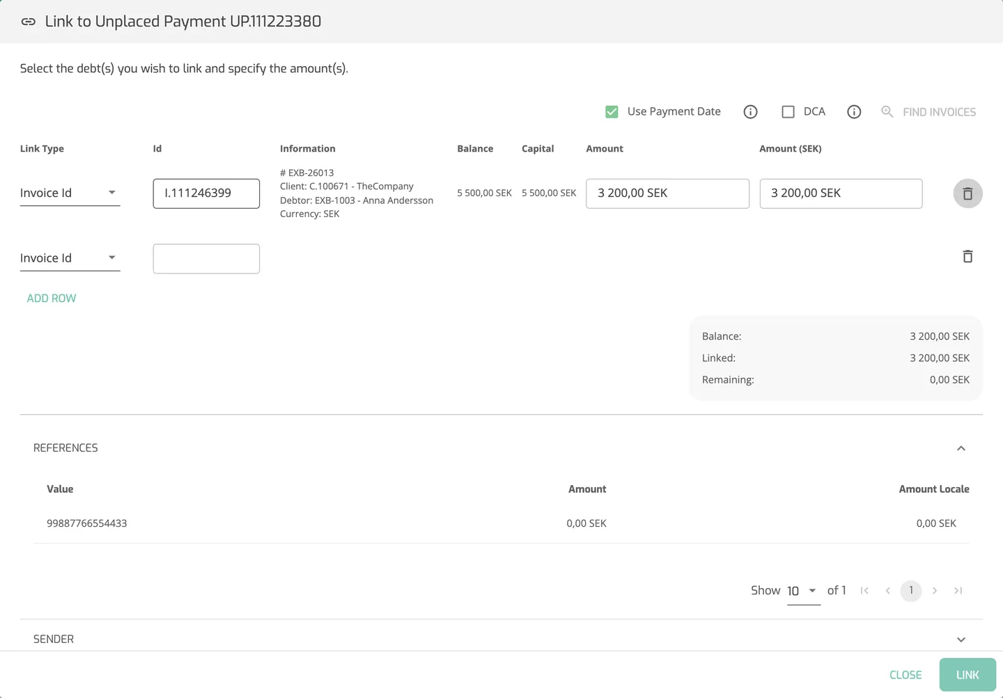 The Link to Unplaced Payment dialog for UP.111223380 with one filled Invoice Id row for invoice EXB-26013, the Use Payment Date checkbox and the Find Invoices button.