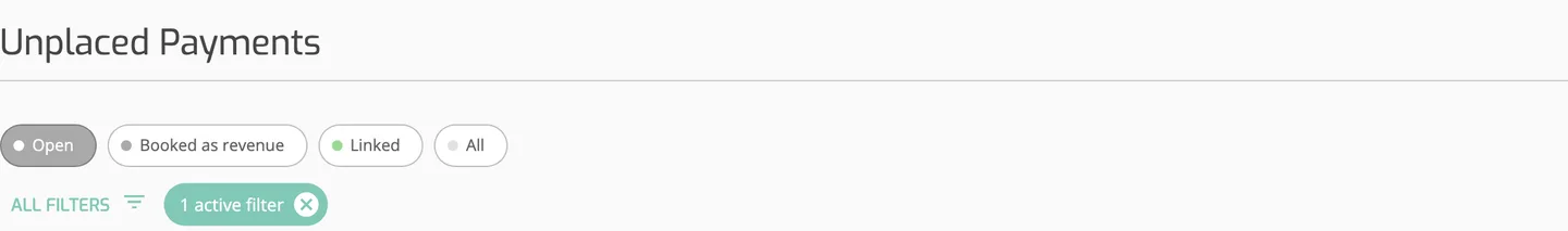 The top of the Unplaced Payments page with the Open, Booked as revenue, Linked and All status buttons and the All filters control.