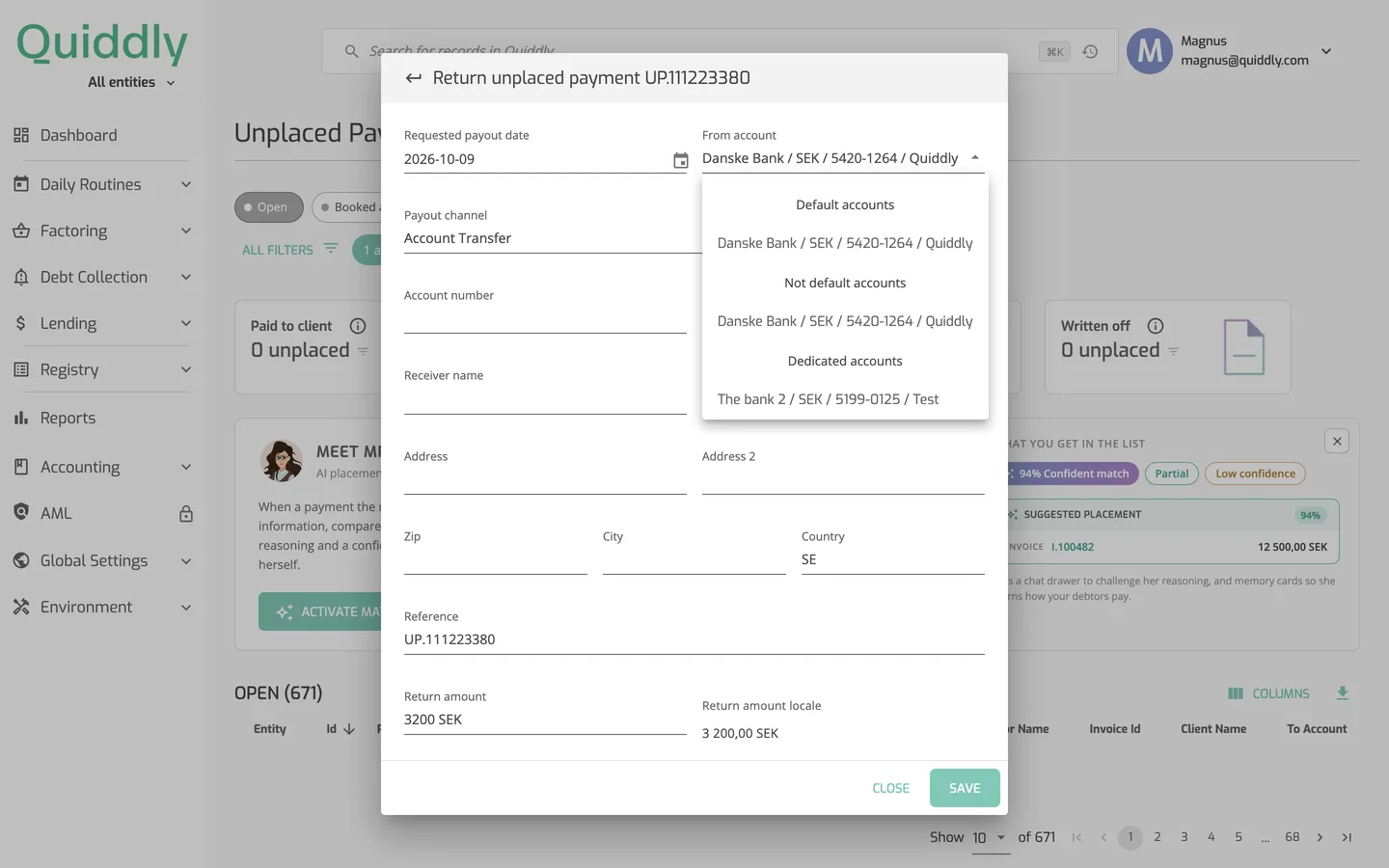 The Return unplaced payment dialog with Payout channel set to Account Transfer and the From account list open, grouped as Default, Not default and Dedicated accounts.