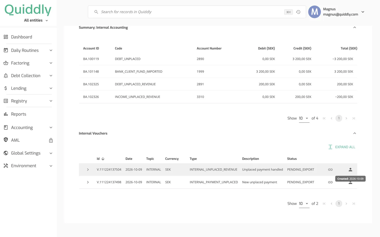 The Accounting tab of unplaced payment UP.111223380 with Internal Vouchers expanded and the activity tooltip shown on the revenue voucher's person icon.
