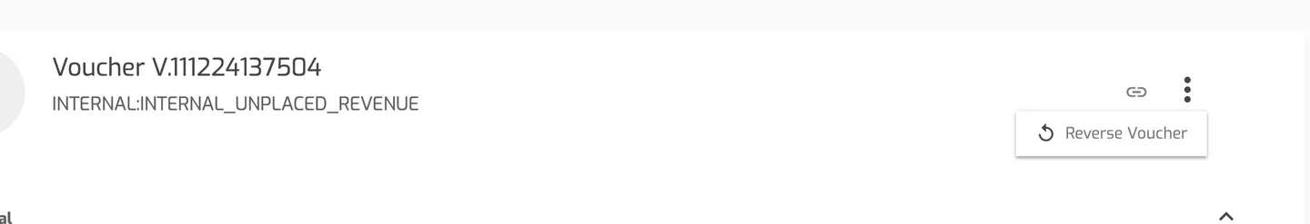 Voucher V.111224137504 card header with the Related Business Events link icon and the card menu open showing Reverse Voucher.