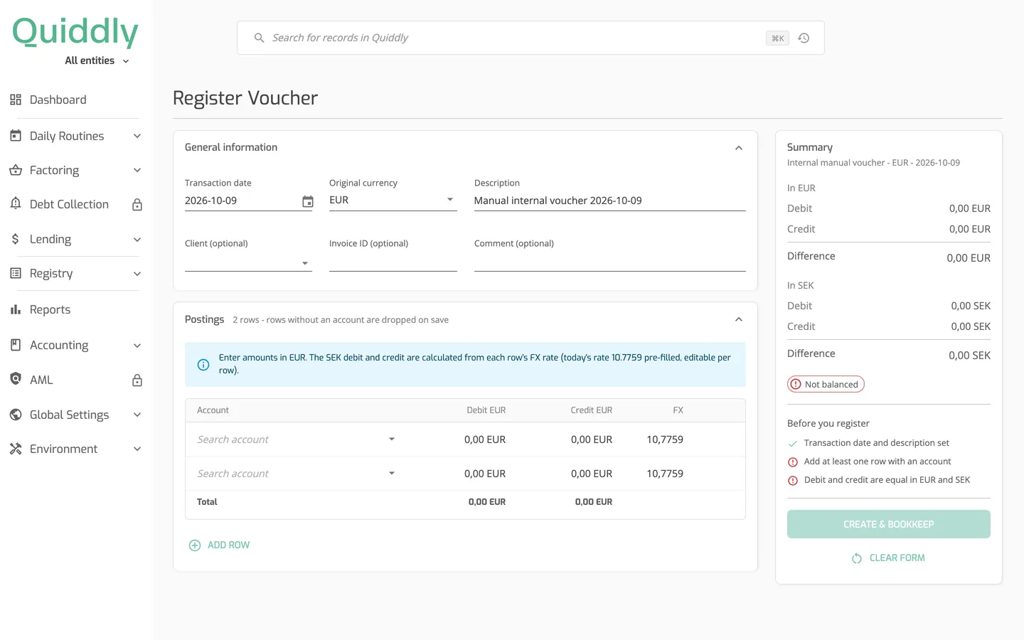 The Register Voucher form with EUR chosen as original currency, showing Debit EUR, Credit EUR and FX columns in the postings table and the Summary in EUR and SEK.