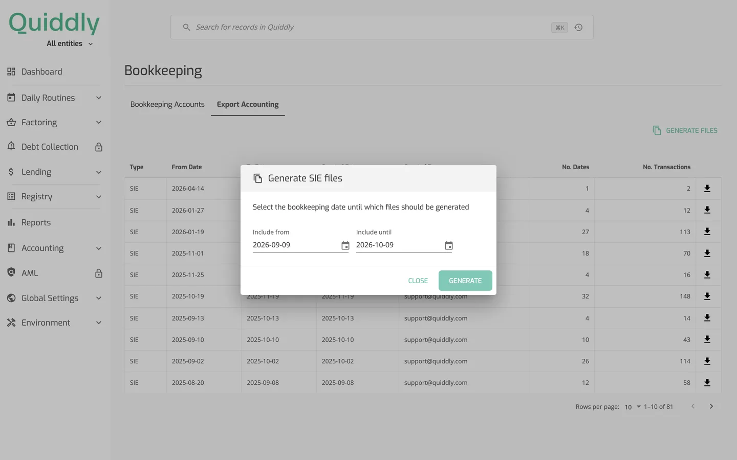 The Export accounting tab with the Generate SIE files window open over the list of generated SIE files.