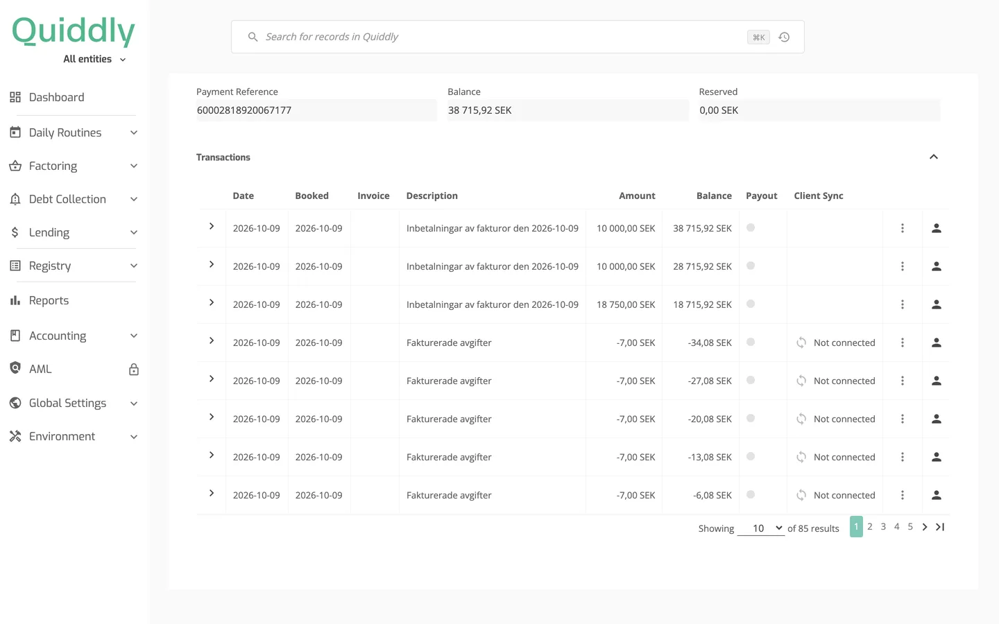 The client account transaction list of a client fund account with the Client Sync column showing Not connected for the fee transactions.