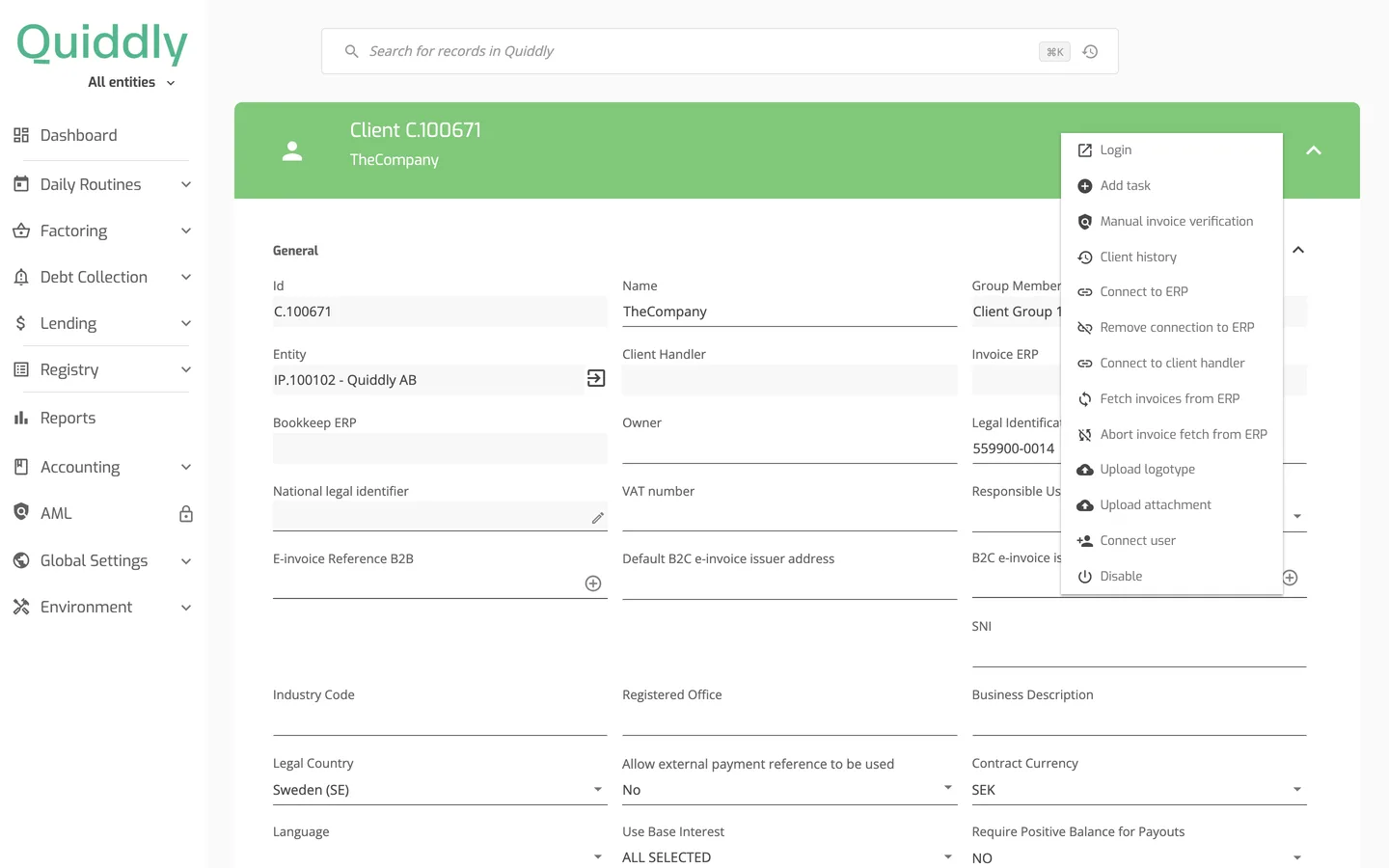 The client actions menu on a client with Connect to ERP, Remove connection to ERP, Fetch invoices from ERP and Abort invoice fetch from ERP among the items.