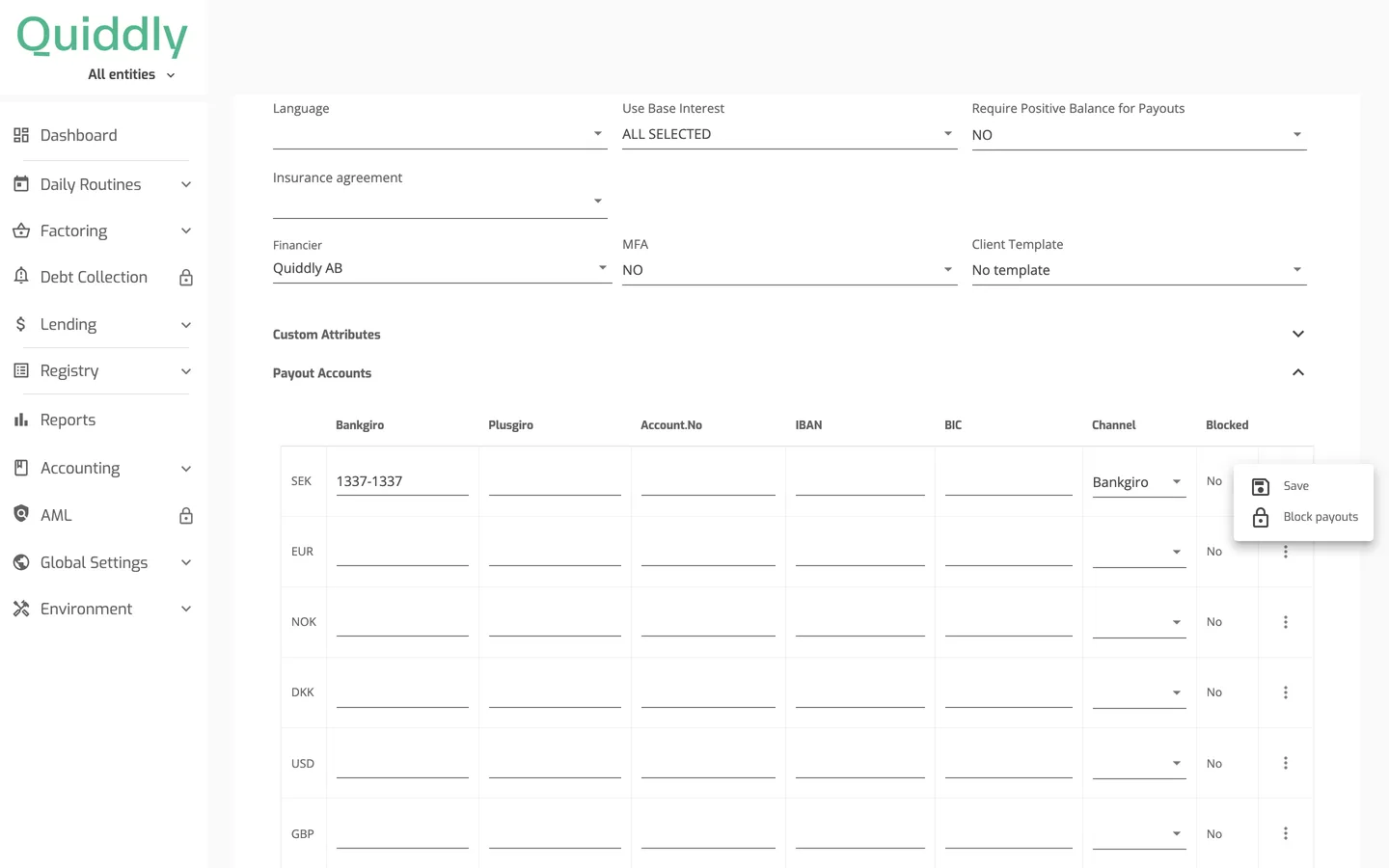 The Payout Accounts section of a client with the Blocked column and the row three-dot menu open showing Save and Block payouts.
