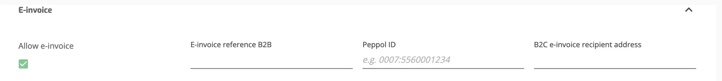 Client debtor E-invoice section expanded showing Allow e-invoice, E-invoice reference B2B, Peppol ID and B2C e-invoice recipient address.