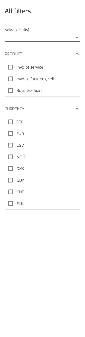 The All filters panel with client, product and currency