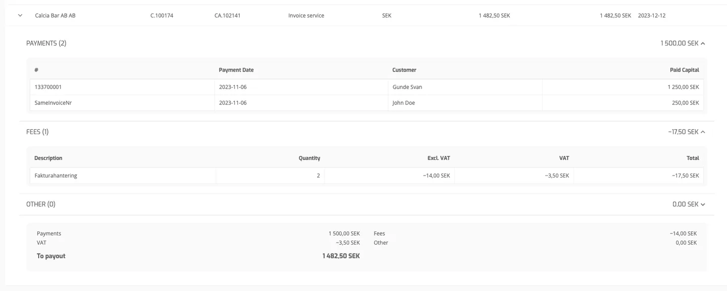 An expanded invoice service row with Payments, Fees, Other and the To payout summary