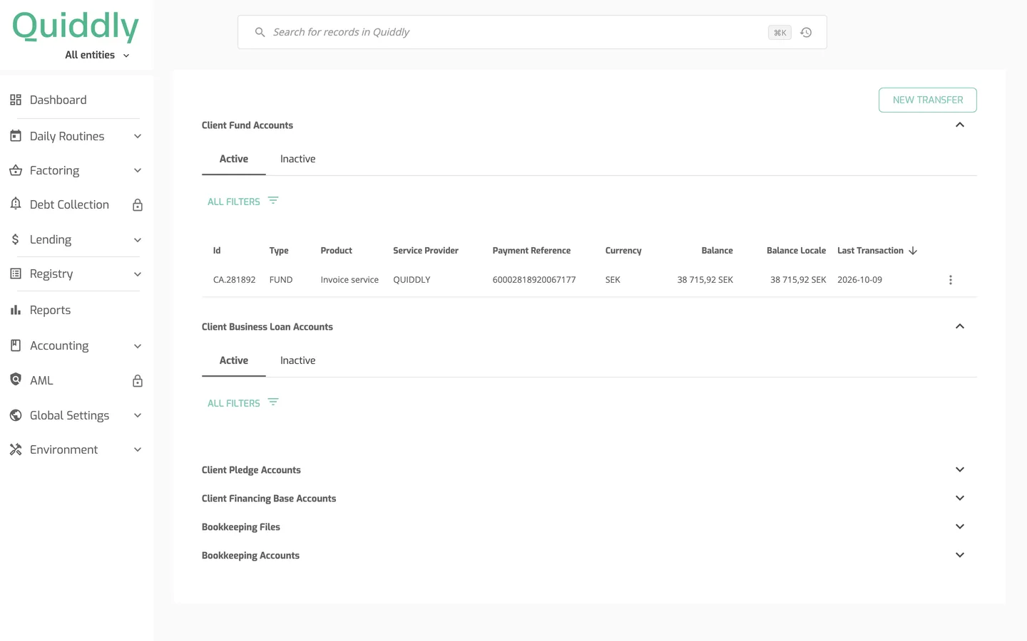 The Client Fund Accounts section of the client Bookkeeping tab with the Active and Inactive tabs and the Last Transaction column.
