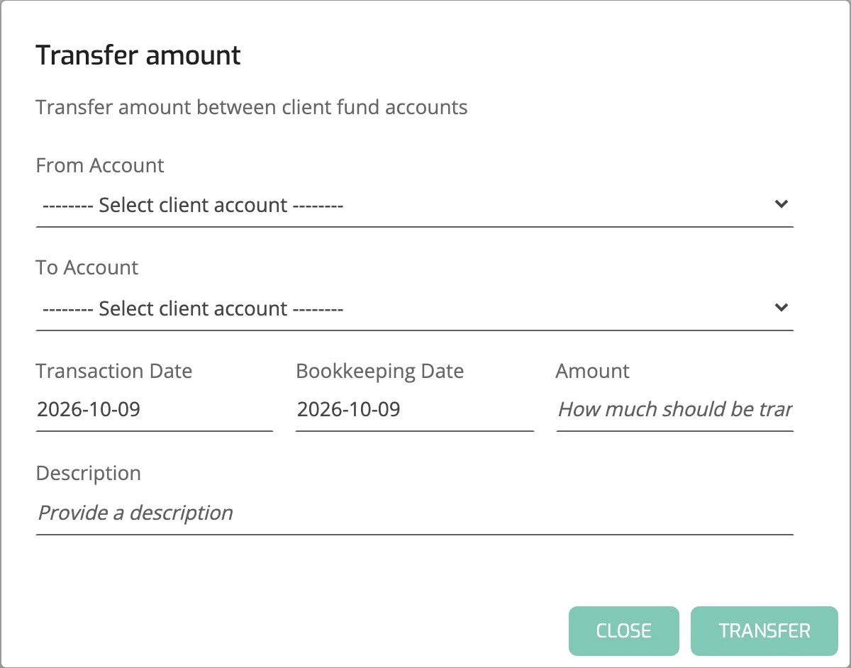 The Transfer amount dialog opened by New transfer, with From Account, To Account, dates, amount and description fields.
