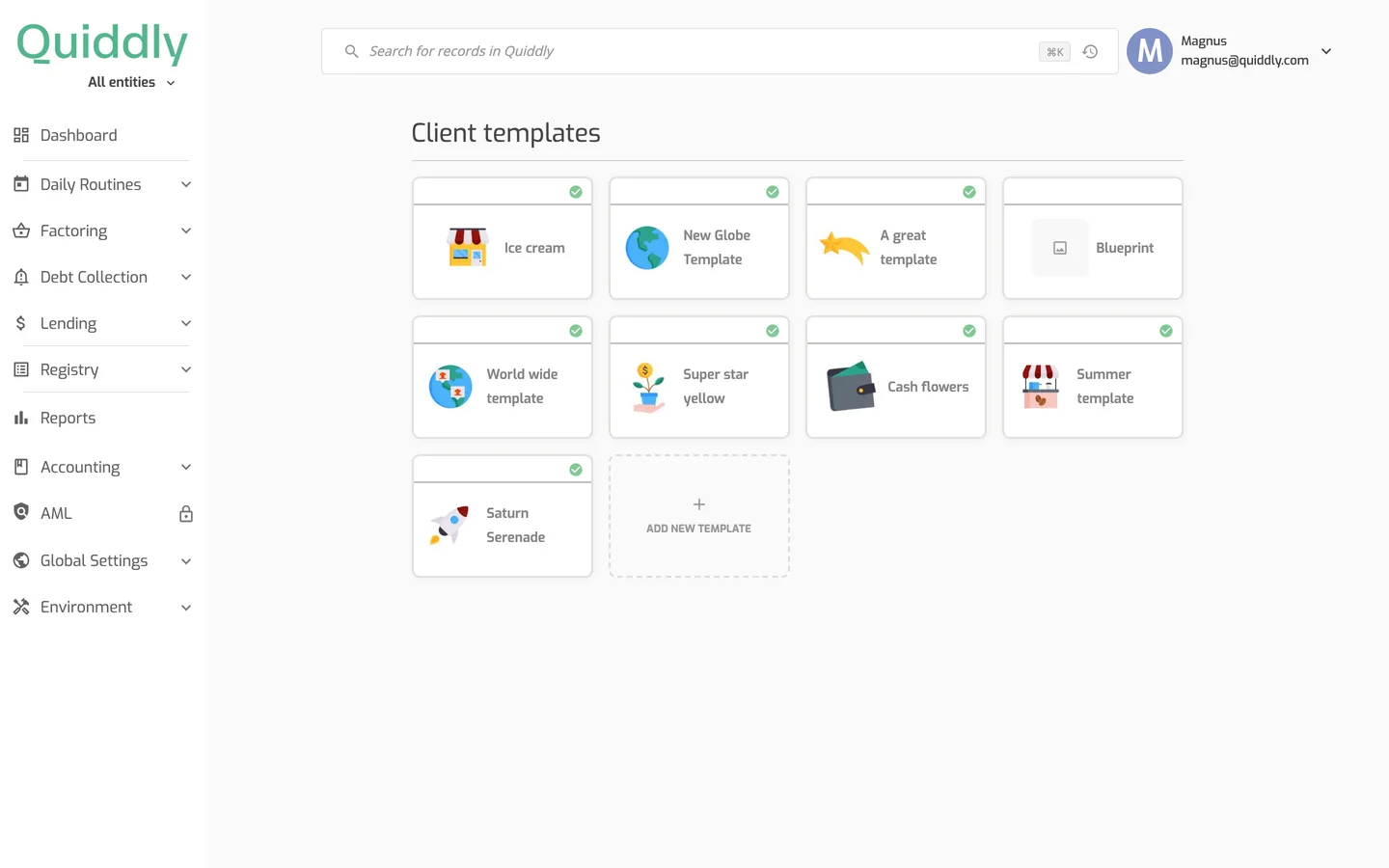 The Client Templates page with template tiles that each show a picture, and the Add new template tile.