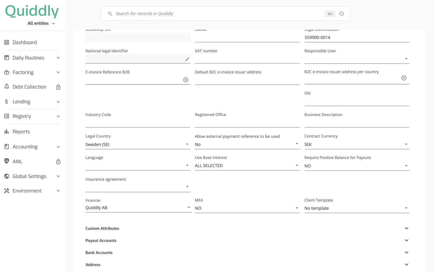 The General section of a client with the Client Template field showing No template.