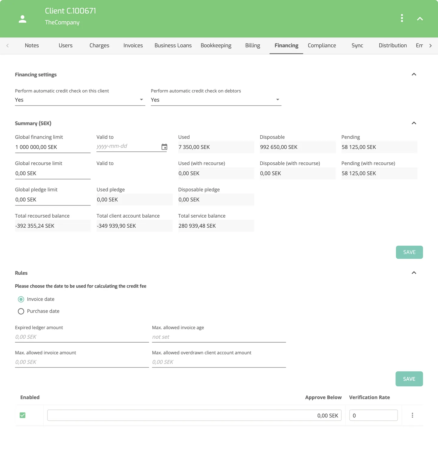The Financing tab of a client in the Operations Portal, showing the Summary limit fields (global financing, recourse and pledge limits) and the Rules section with the choice of Invoice date or Purchase date for the credit fee.