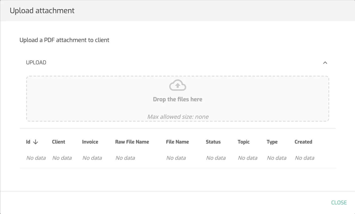 The Upload attachment dialog in the Operations Portal with the drop area for a PDF file and an empty list of uploaded attachments.