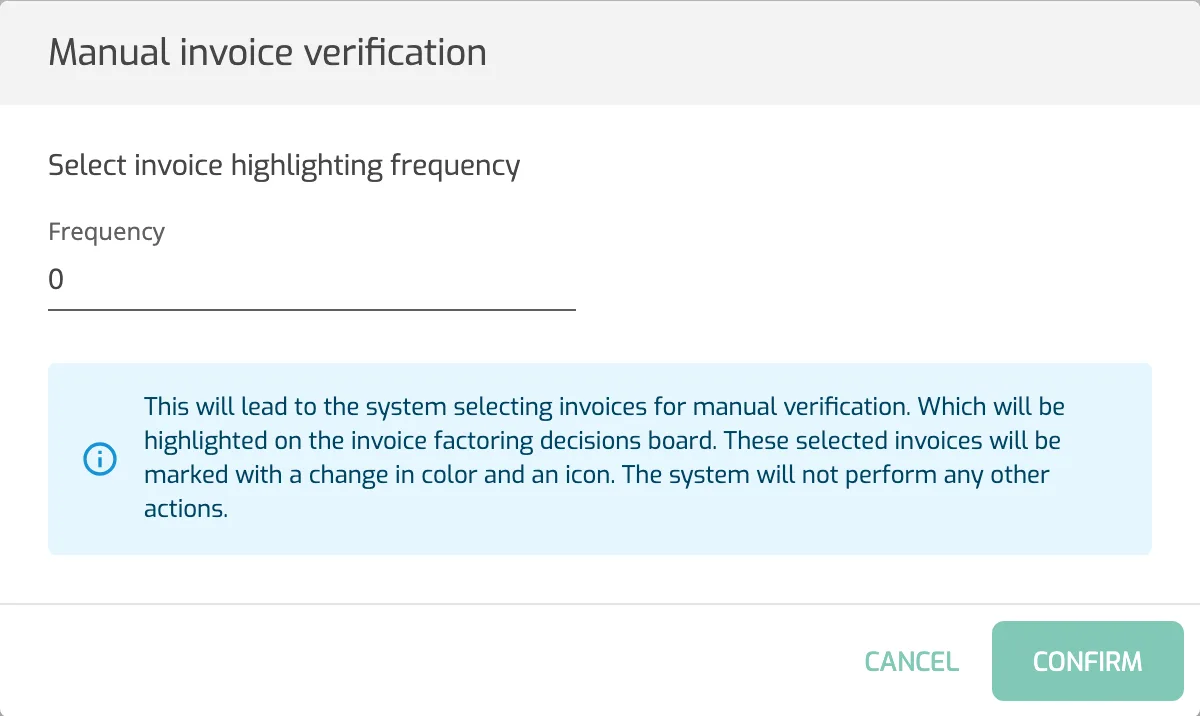 The Manual invoice verification dialog with the Frequency field and the information box explaining that invoices are highlighted on the decisions board.