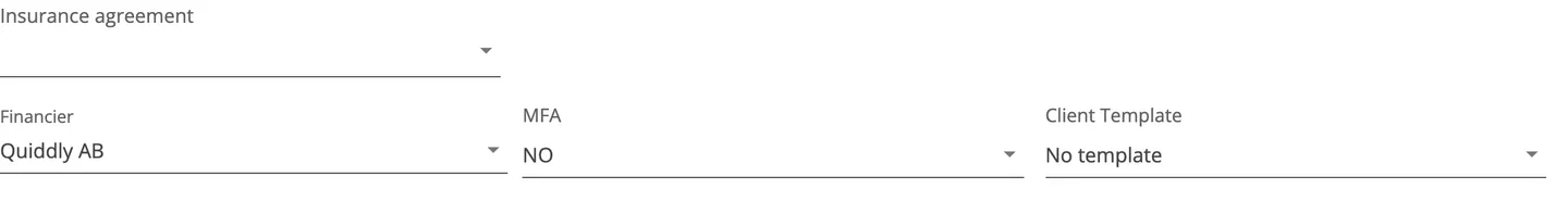The Insurance agreement dropdown in a client's General settings, shown directly above the Financier field.