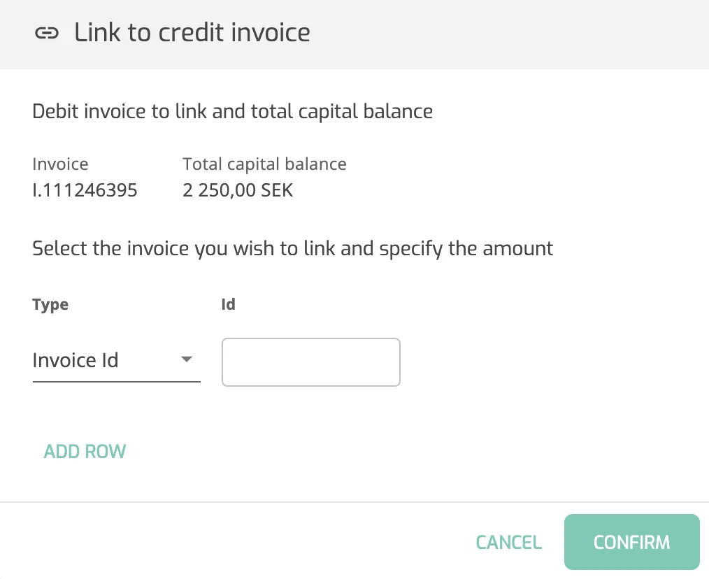 Link to credit invoice dialog opened from the invoice Actions menu of a synthetic debit invoice, with the Invoice Id selector and Confirm button.