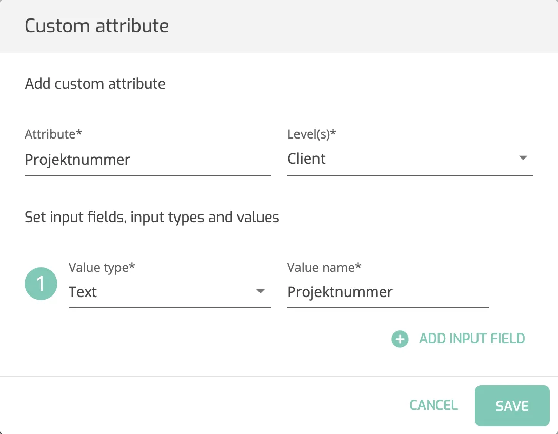 The Custom attribute dialog with the attribute name, level Client and the value type Text with a value name filled in.
