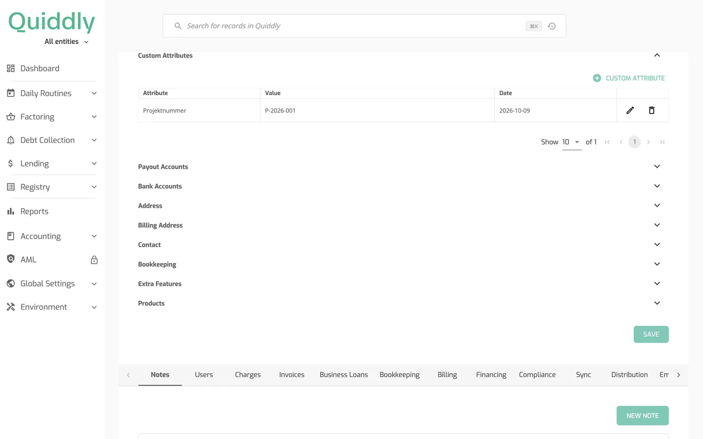 The Custom Attributes section on the client card with one attribute, Projektnummer, showing its value and date.