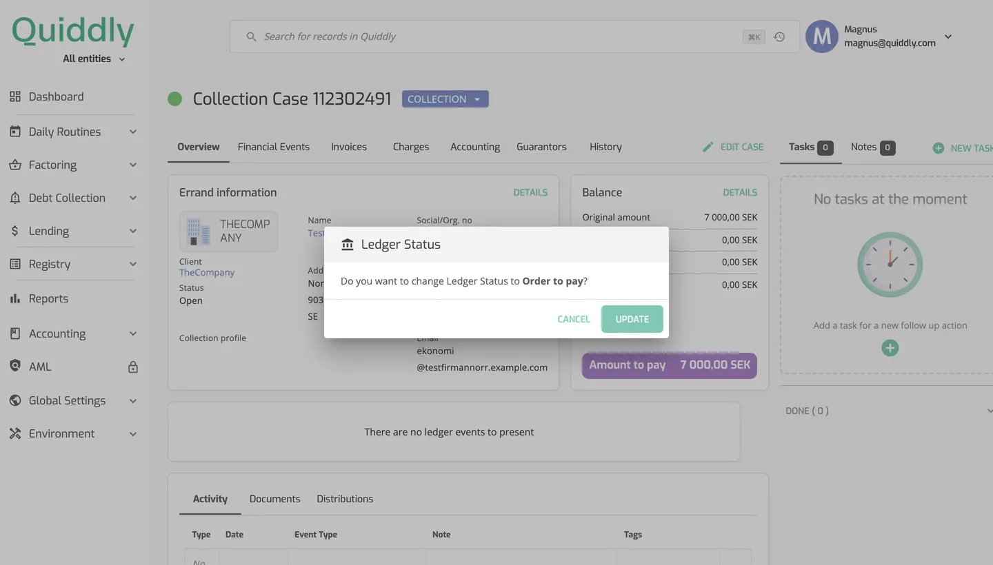Collection case 112302491 header with the status selector on Collection and the Ledger Status confirmation dialog asking to change to Order to pay.