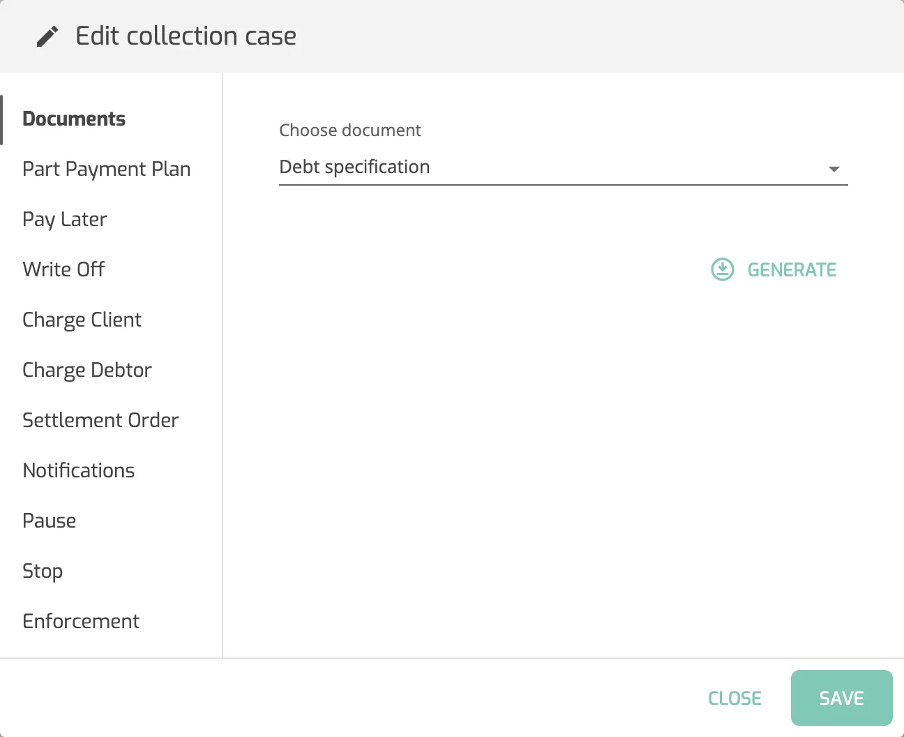 The Edit collection case dialog on the Documents tab with Debt specification chosen in Choose document and the Generate button.