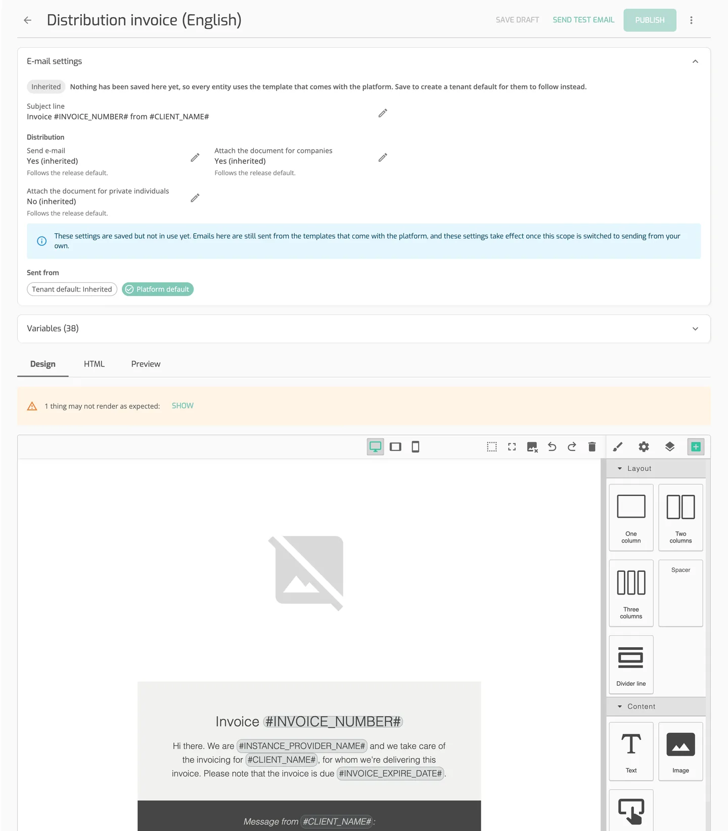 One template open on the Design tab, with the E-mail settings panel and the Sent from row above the visual editor